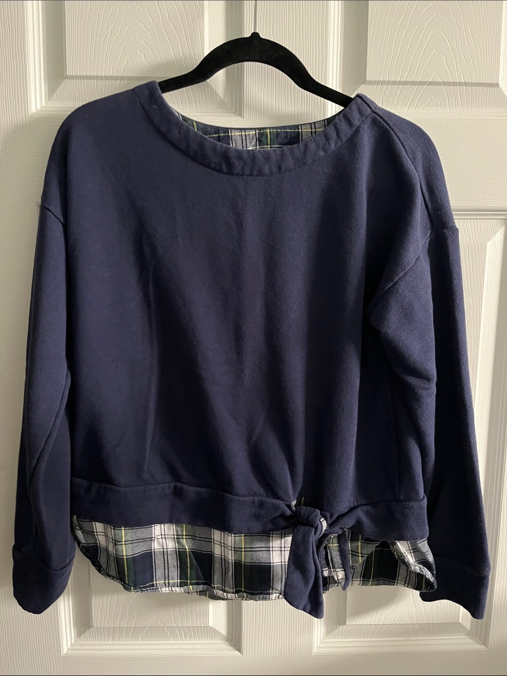 Izod Navy Sweatshirt with Plaid Hem Tie Detail